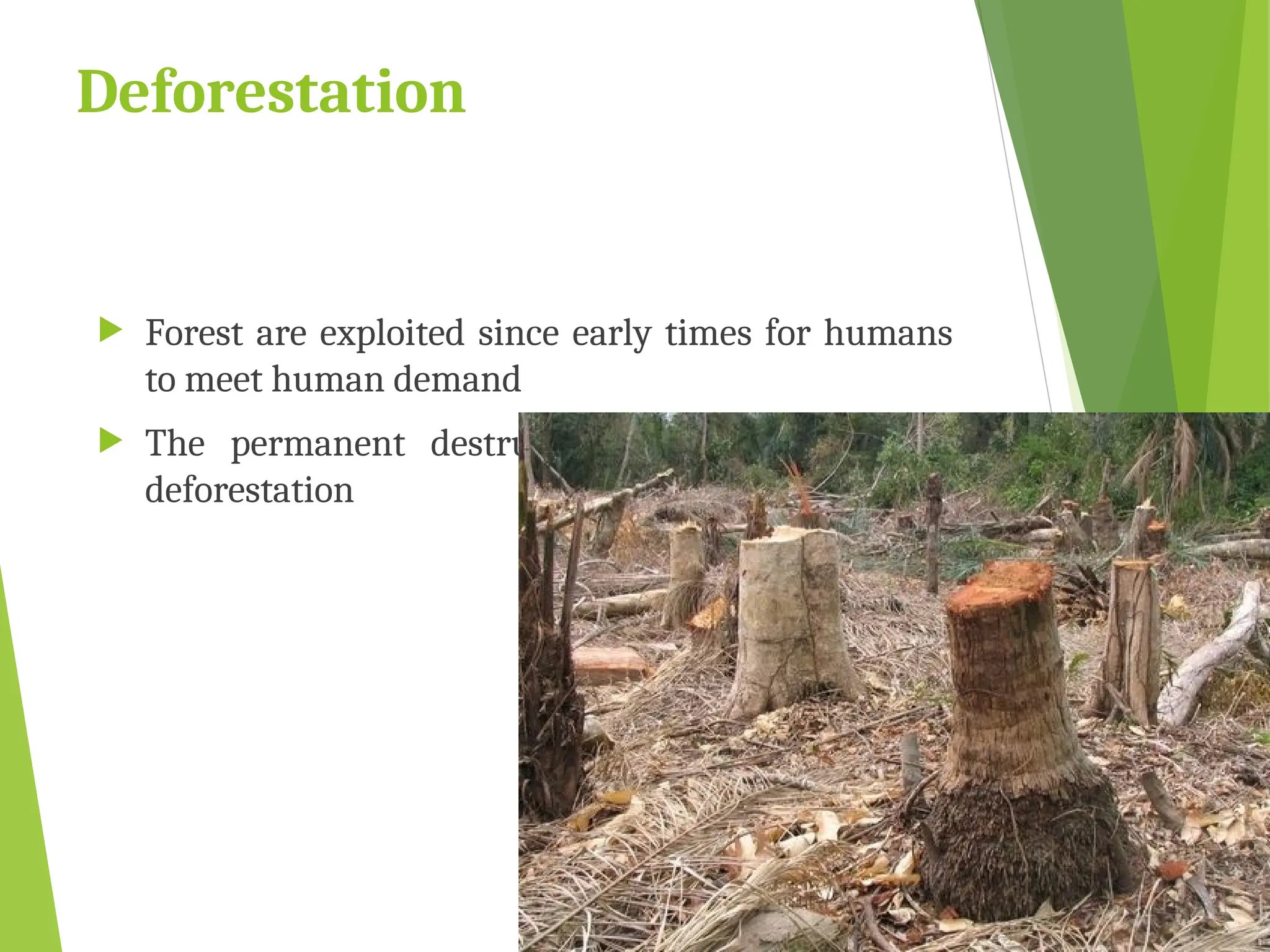 Deforestation
 Forest are exploited since early times for humans
to meet human demand
 The permanent destruction of forest is called
deforestation
 