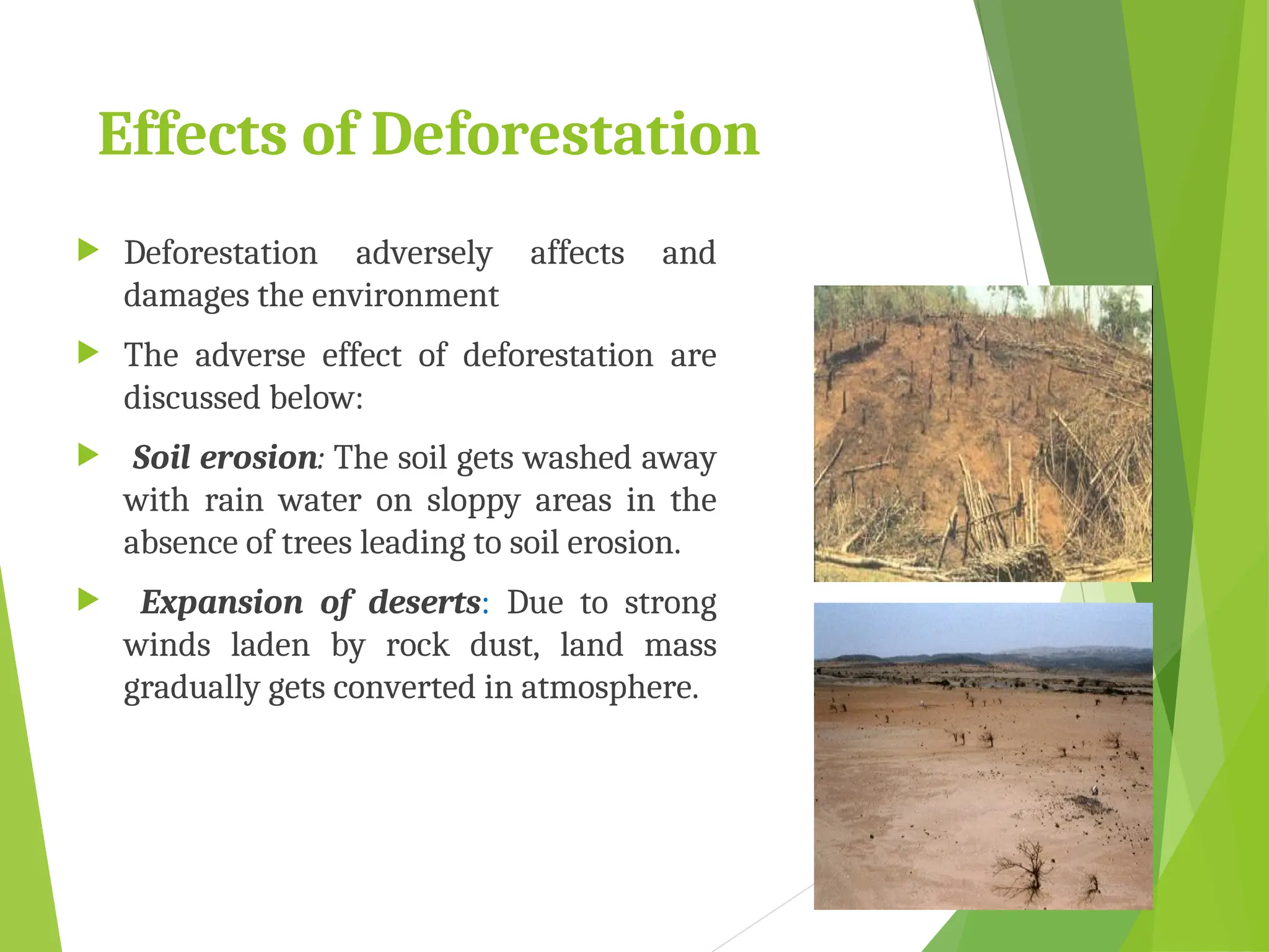 Effects of Deforestation
 Deforestation adversely affects and
damages the environment
 The adverse effect of deforestation are
discussed below:
 Soil erosion: The soil gets washed away
with rain water on sloppy areas in the
absence of trees leading to soil erosion.
 Expansion of deserts: Due to strong
winds laden by rock dust, land mass
gradually gets converted in atmosphere.
 