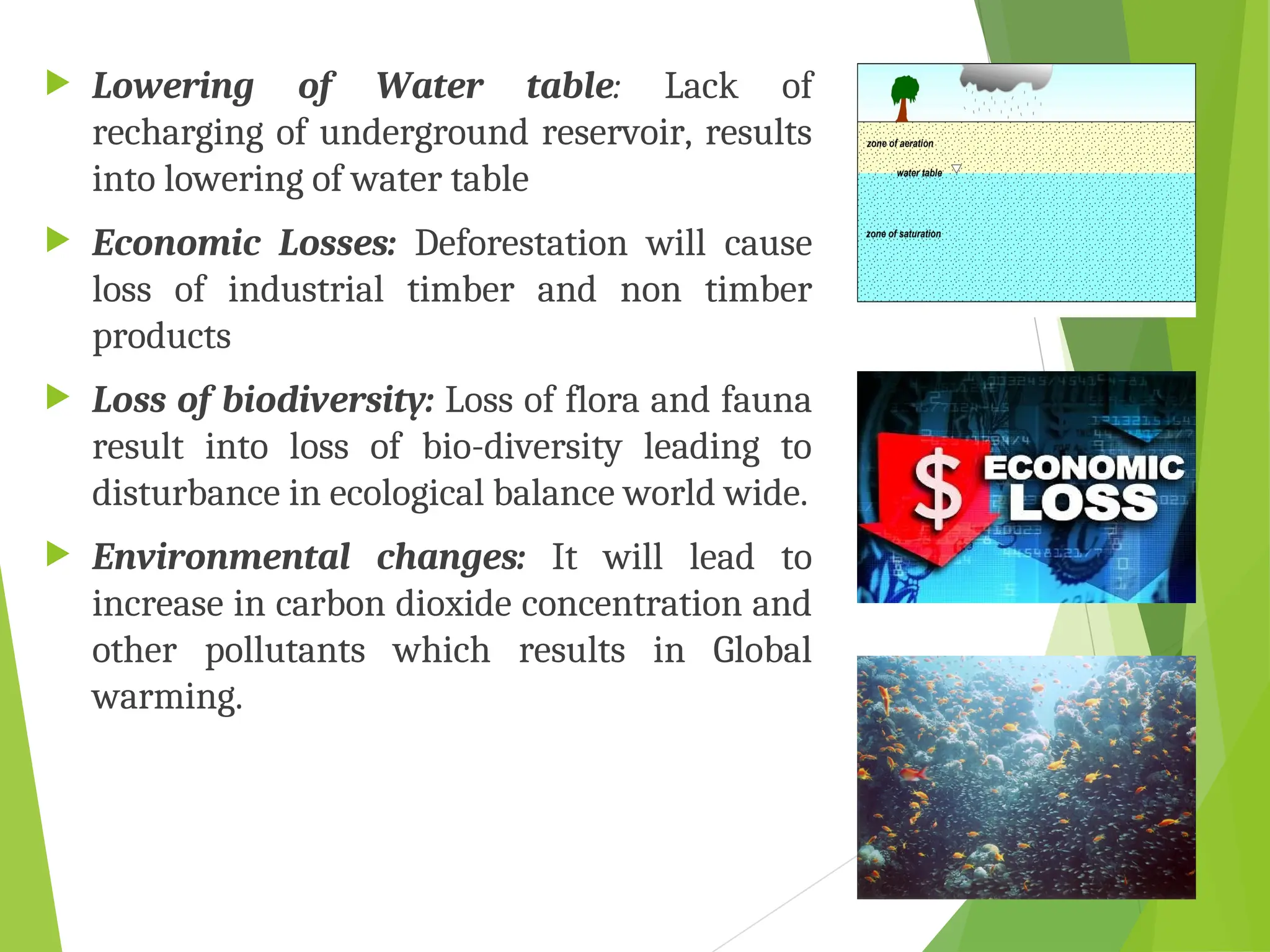  Lowering of Water table: Lack of
recharging of underground reservoir, results
into lowering of water table
 Economic Losses: Deforestation will cause
loss of industrial timber and non timber
products
 Loss of biodiversity: Loss of flora and fauna
result into loss of bio-diversity leading to
disturbance in ecological balance world wide.
 Environmental changes: It will lead to
increase in carbon dioxide concentration and
other pollutants which results in Global
warming.
 