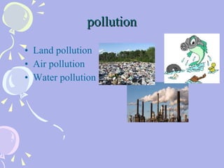 pollution Land pollution Air pollution  Water pollution 