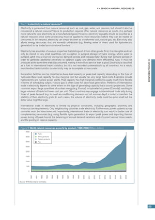 II – Trade in natural resources
55
B.NATURALRESOURCES
Box 1: Is electricity a natural resource?
Electricity is generated from natural resources such as coal, gas, water, and uranium, but should it also be
considered a natural resource? Since its production requires other natural resources as inputs, it is perhaps
more natural to view electricity as a manufactured good. However, electricity arguably should be counted as a
natural resource since some processing must be applied to most resources before they can be traded or
consumed. In this respect, electricity can simply be seen as transformed coal, natural gas, etc. Electricity also
allows energy resources that are normally untradable (e.g. flowing water in rivers used for hydroelectric
generation) to be traded across national borders.
Electricity has a number of unusual properties that distinguish it from other goods. First, it is intangible and can
only be stored in very small quantities. (An exception is pumped-storage of hydro energy, where water is
pumped uphill into a reservoir during low demand periods and released later during high demand periods in
order to generate additional electricity to balance supply and demand more efficiently.) Also, it must be
produced at the same time that it is consumed, making it more like a service than a good. Electricity is classified
as a fuel in international trade statistics, but it is not recorded systematically by all countries. As a result,
merchandise trade statistics on electricity may be incomplete or inaccurate.
Generation facilities can be classified as base-load capacity or peak-load capacity depending on the type of
fuel used. Base-load capacity has low marginal cost but usually has very large fixed costs. Examples include
hydroelectric and nuclear power plants. Peak capacity has high marginal cost but is usually much more flexible
in terms of scheduling output. Natural gas is often used for peak-load generation. Patterns of international
trade in electricity depend to some extent on the type of generating capacity that a country possesses. Some
countries export large quantities of nuclear energy (e.g. France) or hydroelectric power (Canada), resulting in
large volumes of trade but lower cost per unit. Other countries may engage in international trade only during
times of peak demand (e.g. to meet air-conditioning demands on hot summer days) in order to maintain the
stability of their electricity grids. In such cases, the volume of electricity trade could be quite small but the
dollar value might be large.
International trade in electricity is limited by physical constraints, including geographic proximity and
infrastructure requirements. Only neighbouring countries trade electricity. Furthermore, power systems across
countries must be interconnected. Importantly, international trade in electricity can result in better use of
complementary resources (e.g. using flexible hydro generation to export peak power and importing thermal
power during off-peak hours), the balancing of annual demand variations and of current versus future needs,
and the pooling of reserve capacity.
Figure 6: World natural resources exports by product, 1990-2008 (Billion dollars)
0
500
1000
1500
2000
2500
3000
3500
4000
1990
1991
1992
1993
1994
1995
1996
1997
1998
1999
2000
2001
2002
2003
2004
2005
2006
2007
2008
Fuels
Mining products
Forestry products
Fish
Source: WTO Secretariat estimates.
 
