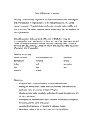 Natural Resources of Virginia
Enduring Understanding: Virginia has abundant natural resources. Lots of jobs
and other activities in Virginia are tied to the natural resources. The varied
natural resources in Virginia include soil, forests, minerals, water, wildlife, and
energy sources. We should conserve natural resources so they are available for
future generations.
Biblical Integration: Colossians 2:2-3 My goal is that they may be
encouraged in heart and united in love, so that they may have the full
riches of complete understanding, in order that they may know the
mystery of God, namely, Christ, in whom are hidden all the treasures
of wisdom and knowledge.
Essential Vocabulary:
natural resource man-made resource watershed
downstream minerals forests
timber soil recreation
river lake bay
reservoir arable
Objectives:
• Compare and contrast natural and human-made resources.
• Distinguish among rivers, lakes, and bays; describe characteristics of
each; and name an example of each in Virginia.
• Create and interpret a model of a watershed. Evaluate the statement-We
all live downstream.
• Recognize the importance of Virginia’s mineral resources including coal,
limestone, granite, sand, and gravel.
• Appraise the importance of natural and cultivated forests.
• Describe a variety of soil and land uses important in Virginia.
 