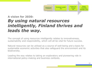 Areas for      Steps
                                                  Strategic goals
                                       Vision           (4)
                                                                     change       towards
                                                                       (6)      change (18)




A vision for 2030:
By using natural resources
intelligently, Finland thrives and
leads the way.
The concept of using resources intelligently relates to innovativeness,
sustainability and responsibility, which will all be vital for future success.

Natural resources can be utilised as a source of well-being and a basis for
sustainable economic activities that also safeguard the environment and its
biodiversity.

Leading the way relates to taking an exploratory and pioneering role in
international policy-making and business contexts.

                                                                                              10
 