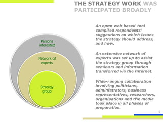 THE STRATEGY WORK WAS
             PARTICIPATED BROADLY

                  An open web-based tool
                  compiled respondents’
                  suggestions on which issues
                  the strategy should address,
 Persons
interested        and how.

                  An extensive network of
Network of        experts was set up to assist
 experts          the strategy group through
                  seminars and information
                  transferred via the internet.

                  Wide-ranging collaboration
 Strategy         involving politicians,
  group           administrators, business
                  representatives, researchers,
                  organisations and the media
                  took place in all phases of
                  preparation.
                                                  5
 