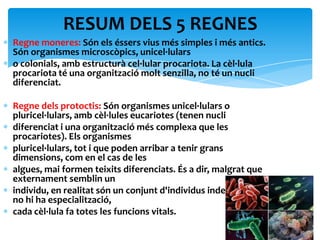 RESUM DELS 5 REGNES
Regne moneres: Són els éssers vius més simples i més antics.
Són organismes microscòpics, unicel·lulars
o colonials, amb estructurà cel·lular procariota. La cèl·lula
procariota té una organització molt senzilla, no té un nucli
diferenciat.

Regne dels protoctis: Són organismes unicel·lulars o
pluricel·lulars, amb cèl·lules eucariotes (tenen nucli
diferenciat i una organització més complexa que les
procariotes). Els organismes
pluricel·lulars, tot i que poden arribar a tenir grans
dimensions, com en el cas de les
algues, mai formen teixits diferenciats. És a dir, malgrat que
externament semblin un
individu, en realitat són un conjunt d'individus independents:
no hi ha especialització,
cada cèl·lula fa totes les funcions vitals.
 