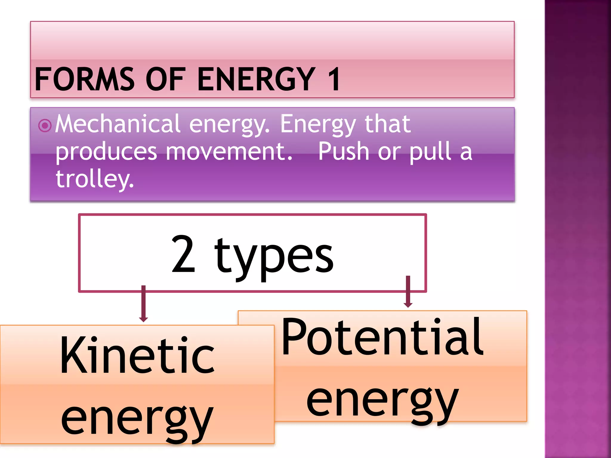 Mechanical energy. Energy that
produces movement. Push or pull a
trolley.
2 types
Potential
energy
Kinetic
energy