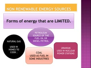 NATURAL GAS
USED IN
HOMES TO
COOK . COAL
USED AS FUEL IN
SOME INDUSTRIES
URANIUM
USED IN NUCLEAR
POWER STATIONS
Forms of energy that are LIMITED.
PETROLEUM
SOURCE OF THE
FUEL OIL OR
DIESEL/PETROL
 