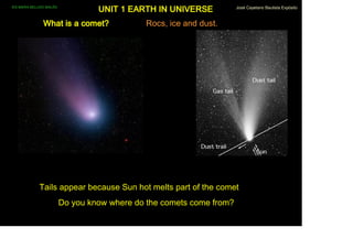 IES MARIA BELLIDO BAILÉN
                                    UNIT 1 EARTH IN UNIVERSE            José Cayetano Bautista Expósito



                What is a comet?               Rocs, ice and dust.




              Tails appear because Sun hot melts part of the comet
                           Do you know where do the comets come from?
 