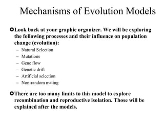 Look back at your graphic organizer. We will be exploring
the following processes and their influence on population
change (evolution):
– Natural Selection
– Mutations
– Gene flow
– Genetic drift
– Artificial selection
– Non-random mating
There are too many limits to this model to explore
recombination and reproductive isolation. Those will be
explained after the models.
Mechanisms of Evolution Models
 