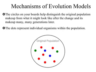 The circles on your boards help distinguish the original population
makeup from what it might look like after the change and its
makeup many, many generations later.
The dots represent individual organisms within the population.
Mechanisms of Evolution Models
Original Population
 