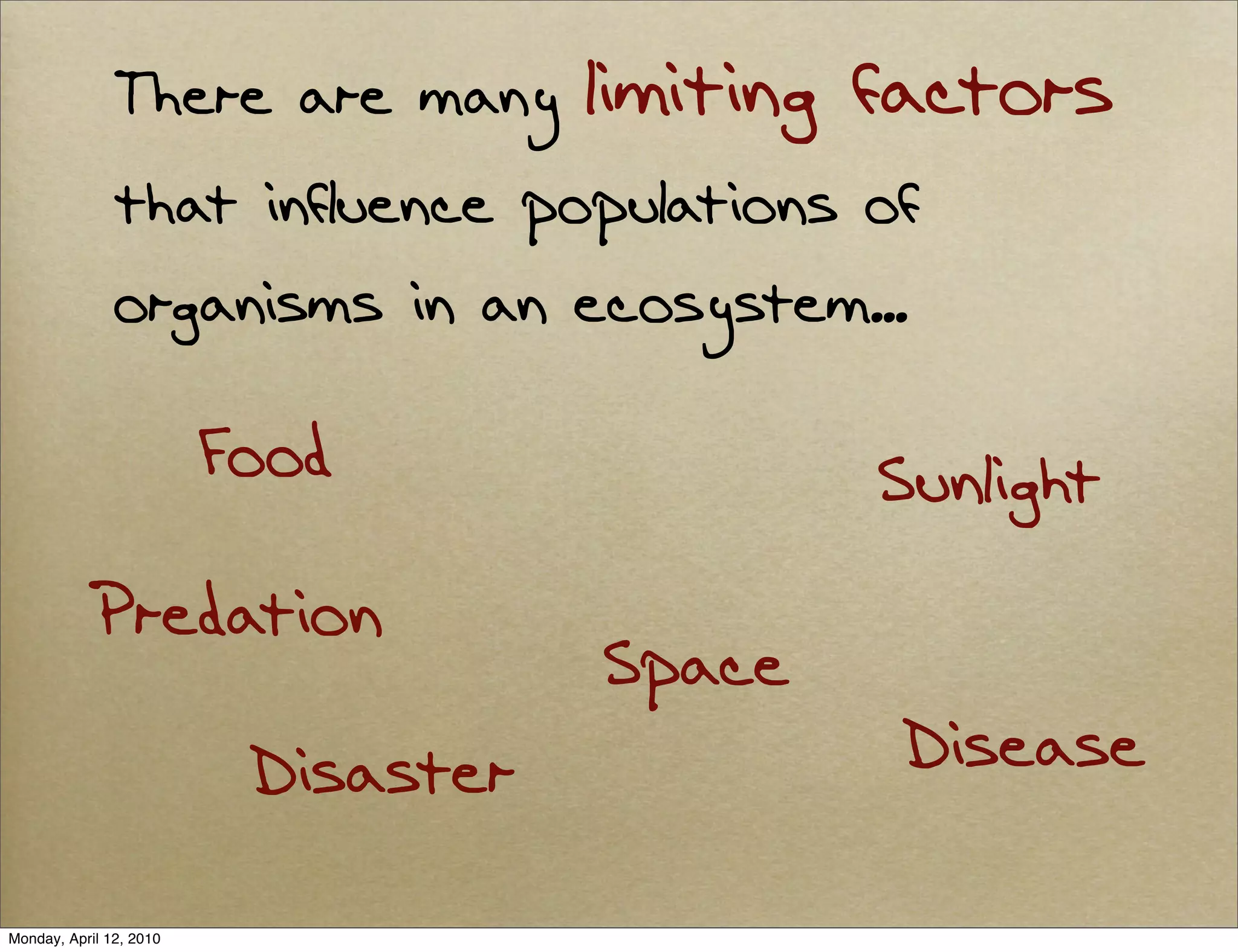 There are many        limiting factors
               that influence populations of
               organisms in an ecosystem...

                         Food                Sunlight
            Predation
                                     Space
                          Disaster            Disease

Monday, April 12, 2010
 