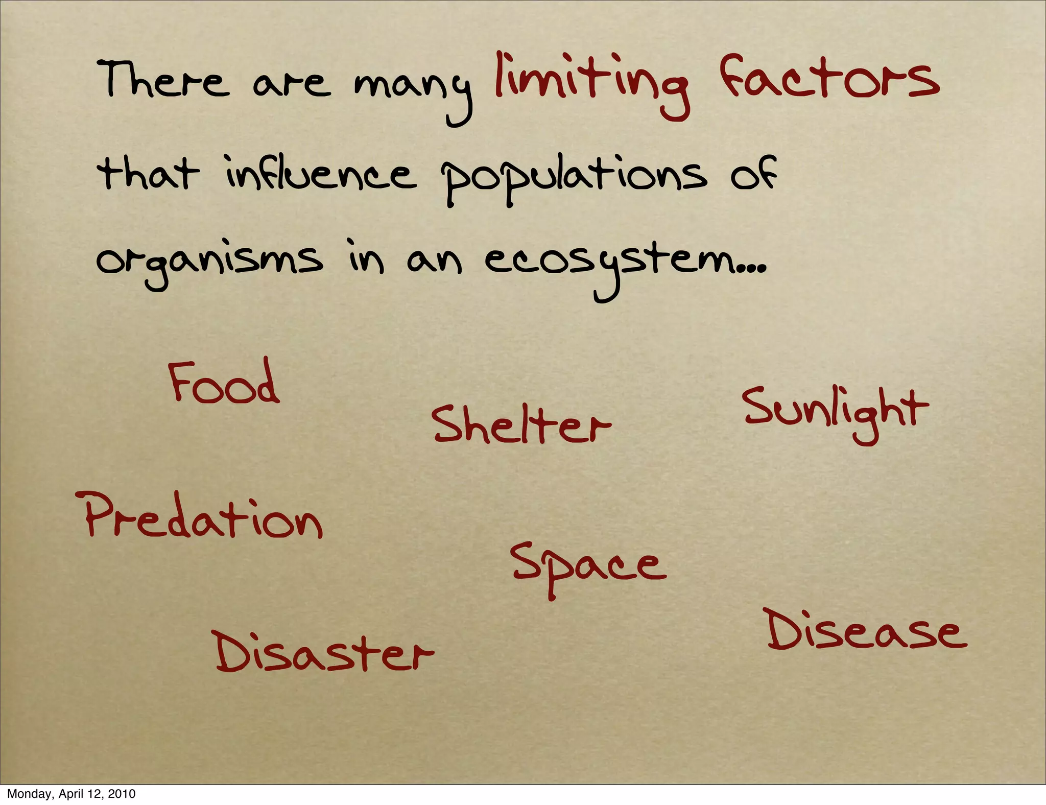 There are many        limiting factors
               that influence populations of
               organisms in an ecosystem...

                         Food                Sunlight
                                 Shelter
            Predation
                                     Space
                          Disaster            Disease

Monday, April 12, 2010
 