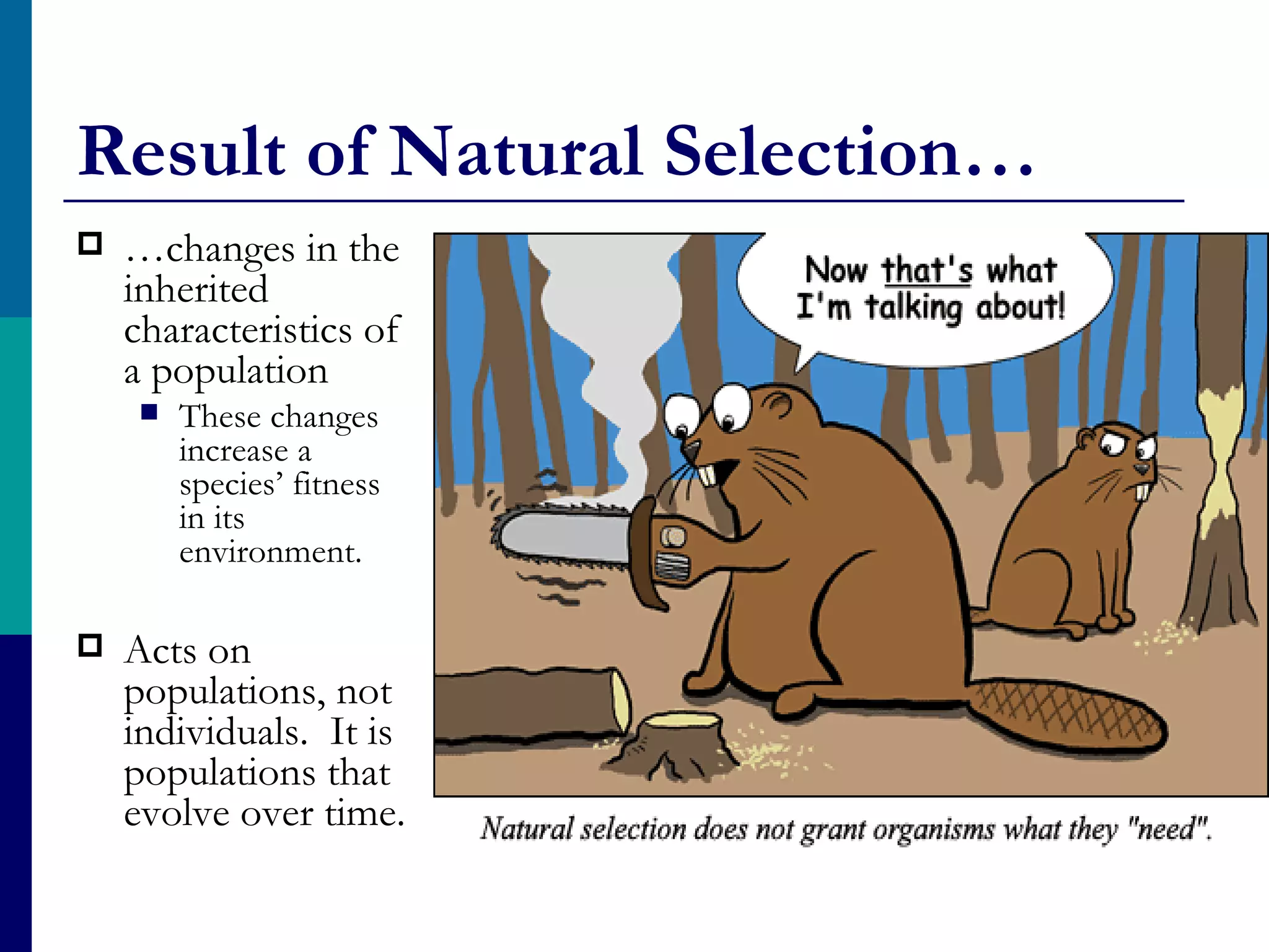 Result of Natural Selection…
   …changes in the
    inherited
    characteristics of
    a population
        These changes
         increase a
         species’ fitness
         in its
         environment.

   Acts on
    populations, not
    individuals. It is
    populations that
    evolve over time.
 