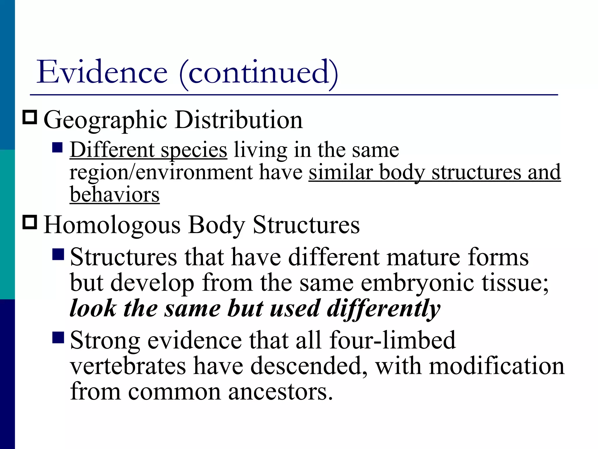 Evidence (continued)
 Geographic    Distribution
     Different species living in the same
      region/environment have similar body structures and
      behaviors
 Homologous   Body Structures
   Structures that have different mature forms
    but develop from the same embryonic tissue;
    look the same but used differently
   Strong evidence that all four-limbed
    vertebrates have descended, with modification
    from common ancestors.
 