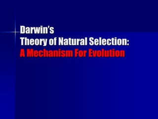 Darwin’s
Theory of Natural Selection:
A Mechanism For Evolution
 