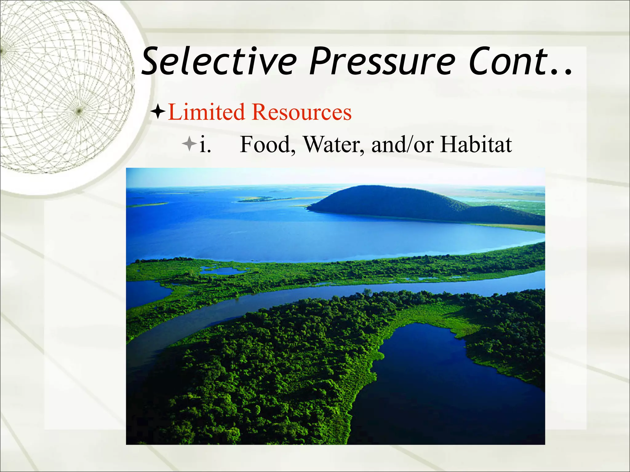 Selective Pressure Cont..
Limited Resources
  i. Food, Water, and/or Habitat
 
