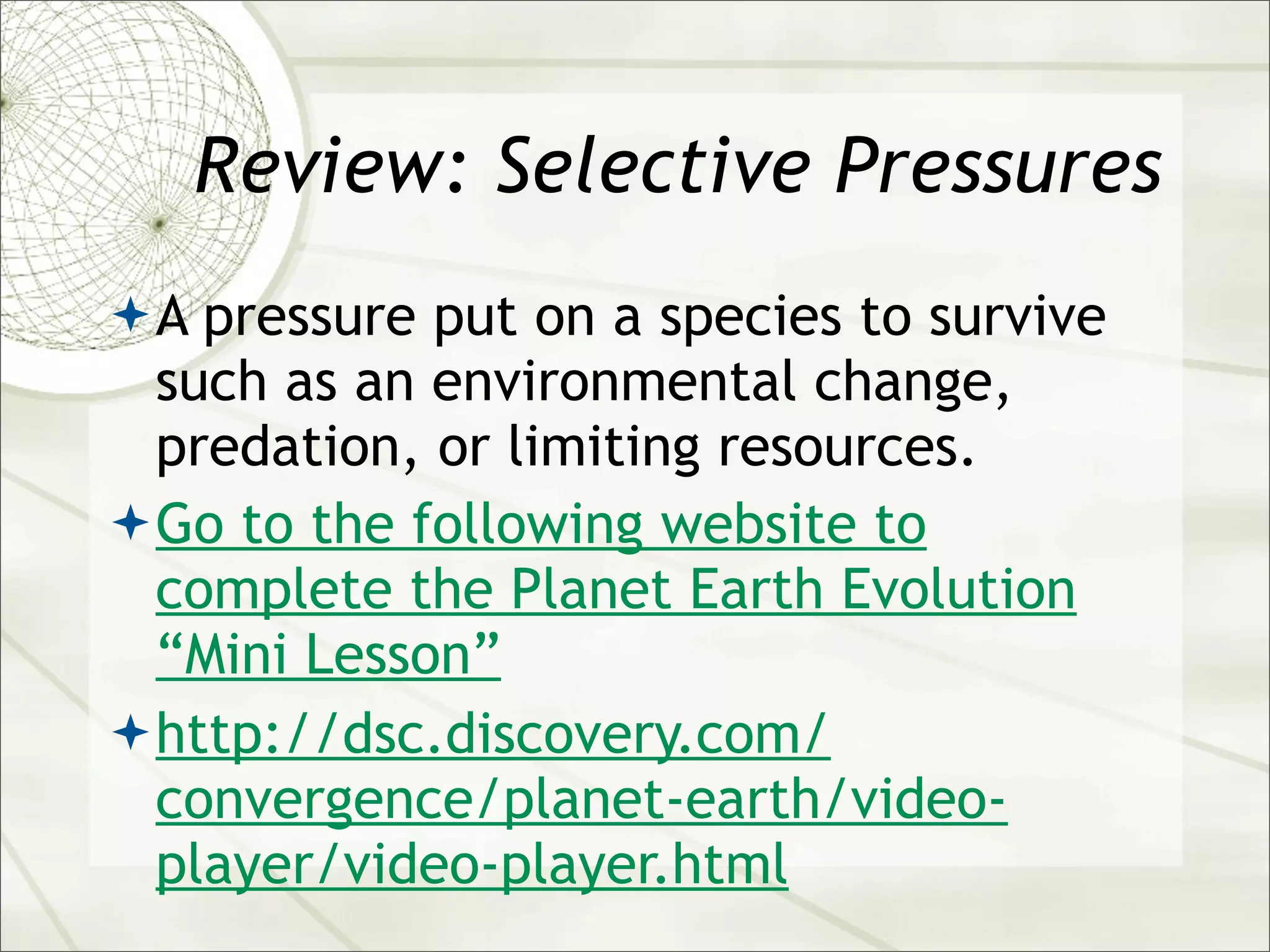 Review: Selective Pressures
 A pressure put on a species to survive
  such as an environmental change,
  predation, or limiting resources.
 Go to the following website to
  complete the Planet Earth Evolution
  “Mini Lesson”
 http://dsc.discovery.com/
  convergence/planet-earth/video-
  player/video-player.html
 