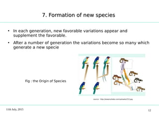 7.7. Formation of new speciesFormation of new species
• In each generation, new favorable variations appear and
supplement the favorable.
• After a number of generation the variations become so many which
generate a new specie
11th July, 2015 12
Fig : the Origin of Species
source : http://www.kullabs.com/uploads/253.jpg
 