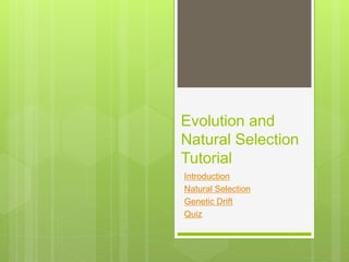 Evolution and
Natural Selection
Tutorial
Introduction
Natural Selection
Genetic Drift
Quiz
 