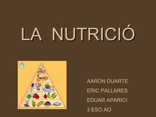 LA NUTRICIÓ

      AARON DUARTE
      ERIC PALLARES
      EDUAR APARICI
      3 ESO AO
 