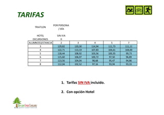 TRIATLON
POR PERSONA
/ DÍA
HOTEL SIN IVA
EXCURSIONES 0
ALUMNOSESTANCIA 2 3 4 5 7
3 129,82 120,30 114,94 111,73 111,11
4 122,71 113,19 107,83 104,61 104,00
5 118,44 108,92 103,56 100,35 99,73
6 115,60 106,07 100,72 97,50 96,89
1. Tarifas SIN IVASIN IVA incluido.
2. Con opción Hotel
6 115,60 106,07 100,72 97,50 96,89
7 113,56 104,04 98,68 95,47 94,86
8 112,04 102,52 97,16 93,94 93,33
 