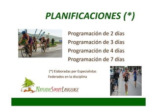 Programación de 2 días
Programación de 3 días
Programación de 4 días
Programación de 7 díasProgramación de 7 días
(*) Elaboradas por Especialistas
Federados en la disciplina
 