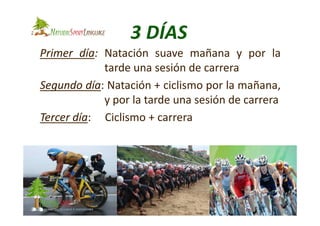 PrimerPrimer díadía:: Natación suave mañana y por la
tarde una sesión de carrera
SegundoSegundo díadía: Natación + ciclismo por la mañana,
y por la tarde una sesión de carrera
TercerTercer díadía: Ciclismo + carreraTercerTercer díadía: Ciclismo + carrera
 