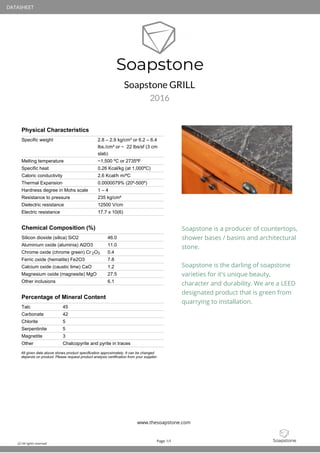 DATASHEET
Soapstone GRILL
2016
Physical Characteristics
Specific weight 2.8 – 2.9 kg/cm³ or 6.2 – 6.4
lbs./cm³ or ~ 22 lbs/sf (3 cm
slab)
Melting temperature ~1,500 ºC or 2735ºF
Specific heat 0.26 Kcal/kg (at 1,000ºC)
Caloric conductivity 2.6 Kcal/h m/ºC
Thermal Expansion 0.0000079% (20º-500º)
Hardness degree in Mohs scale 1 – 4
Resistance to pressure 235 kg/cm²
Dielectric resistance 12500 V/cm
Electric resistance 17.7 x 10(6)
Chemical Composition (%)
Silicon dioxide (silica) SiO2 46.0
Aluminium oxide (aluminia) Al2O3 11.0
Chrome oxide (chrome green) Cr O2 3 0.4
Ferric oxide (hematite) Fe2O3 7.8
Calcium oxide (caustic lime) CaO 1.2
Magnesium oxide (magnesite) MgO 27.5
Other inclusions 6.1
Percentage of Mineral Content
Talc 45
Carbonate 42
Chlorite 5
Serpentinite 5
Magnetite 3
Other Chalcopyrite and pyrite in traces
All given date above shows product specification approximately. It can be changed
depends on product. Please request product analysis certification from your supplier.
Soapstone is a producer of countertops,
shower bases / basins and architectural
stone.
Soapstone is the darling of soapstone
varieties for it's unique beauty,
character and durability. We are a LEED
designated product that is green from
quarrying to installation.
www.thesoapstone.com
Page 1/1
(C) All rights reserved.
 