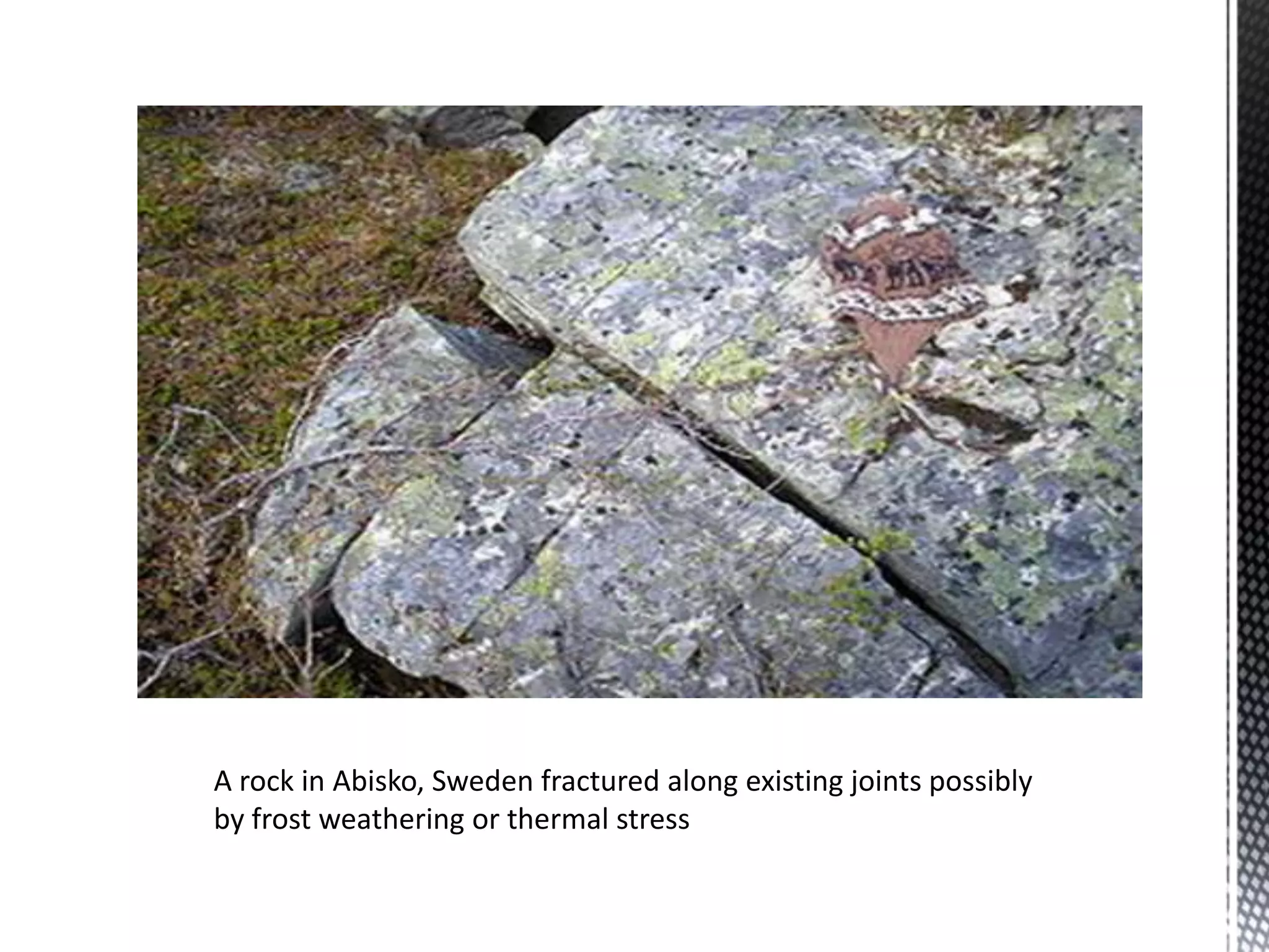 A rock in Abisko, Sweden fractured along existing joints possibly
by frost weathering or thermal stress
 