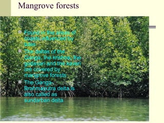 Mangrove forests
 Found in the areas of

coasts influenced by
tides
 The deltas of the
Ganga, the krishna, the
godavari and the kaveri
are covered by
mangrove forests
 The GangaBrahmaputra delta is
also called as
sundarban delta

 