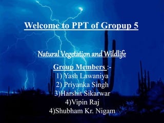 Group Members :-
1) Yash Lawaniya
2) Priyanka Singh
3)Harshit Sikarwar
4)Vipin Raj
4)Shubham Kr. Nigam
Natural Vegetation and Wildlife
Welcome to PPT of Gropup 5
 
