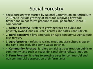 Social Forestry
• Social forestry was started by Naional Commission on Agriculture
in 1976 to include growing of trees for supplying firewood,
timber and minor forest produce to rural population. It has 3
components:
• 1. Urban Forestry: it refers to growing trees on public and
privately owned lands in urban centres like parks, roadside etc.
• 2. Rural Forestry: it lays emphasis on Agro Forestry i.e Agriculture
plus forestry
• 3. Agroforestry: it refers to raising trees and agriculture crops on
the same land including some waste patches.
• 4. Community Forestry: it refers to raising trees trees on public or
community land such as roadside, canal along railway lines etc.
• 5. Farm Forestry: it refers to growing trees for commercial and
non commercial purposes on their farm lands.
 
