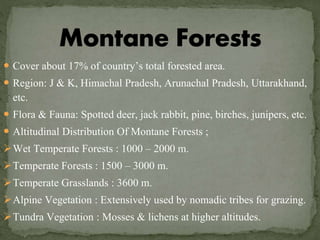  Cover about 17% of country’s total forested area.
 Region: J & K, Himachal Pradesh, Arunachal Pradesh, Uttarakhand,
etc.
 Flora & Fauna: Spotted deer, jack rabbit, pine, birches, junipers, etc.
 Altitudinal Distribution Of Montane Forests ;
Wet Temperate Forests : 1000 – 2000 m.
Temperate Forests : 1500 – 3000 m.
Temperate Grasslands : 3600 m.
Alpine Vegetation : Extensively used by nomadic tribes for grazing.
Tundra Vegetation : Mosses & lichens at higher altitudes.
 