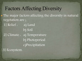  The major factors affecting the diversity in natural
vegetation are ;
1] Relief : a) Land
b) Soil
2] Climate : a) Temperature
b) Photoperiod
c)Precipitation
3] Ecosystem.
 
