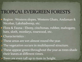  Region : Western slopes, Western Ghats, Andaman &
Nicobar, Lakshadweep, etc.
 Flora & Fauna : Ebony, cinchonas, rubber, mahogany,
bats, sloth, monkeys, rosewood, etc.
 Characteristics :
These areas are wet almost round the year.
The vegetation occurs in multilayered structure.
These appear green throughout the year as trees shade
their leaves at different times.
Trees are even tall up to 60m in height.
 