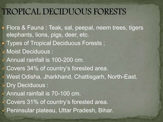  Flora & Fauna : Teak, sal, peepal, neem trees, tigers
elephants, lions, pigs, deer, etc.
 Types of Tropical Deciduous Forests ;
 Moist Deciduous :
 Annual rainfall is 100-200 cm.
 Covers 34% of country’s forested area.
 West Odisha, Jharkhand, Chattisgarh, North-East.
 Dry Deciduous :
 Annual rainfall is 70-100 cm.
 Covers 31% of country’s forested area.
 Peninsular plateau, Uttar Pradesh, Bihar.
 