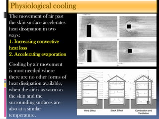 The movement of air past
the skin surface accelerates
heat dissipation in two
ways:
1. Increasing convective
heat loss
2. Accelerating evaporation
Cooling by air movement
is most needed where
there are no other forms of
heat dissipation available,
when the air is as warm as
the skin and the
surrounding surfaces are
also at a similar
temperature.
Physiological cooling
 