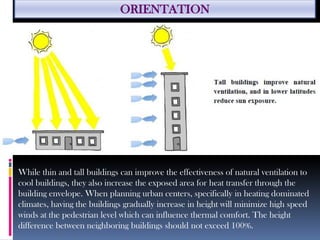 ORIENTATION
While thin and tall buildings can improve the effectiveness of natural ventilation to
cool buildings, they also increase the exposed area for heat transfer through the
building envelope. When planning urban centers, specifically in heating dominated
climates, having the buildings gradually increase in height will minimize high speed
winds at the pedestrian level which can influence thermal comfort. The height
difference between neighboring buildings should not exceed 100%.
 
