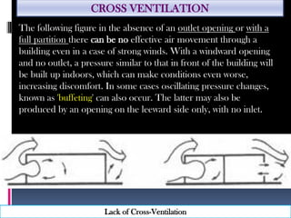 CROSS VENTILATION
The following figure in the absence of an outlet opening or with a
full partition there can be no effective air movement through a
building even in a case of strong winds. With a windward opening
and no outlet, a pressure similar to that in front of the building will
be built up indoors, which can make conditions even worse,
increasing discomfort. In some cases oscillating pressure changes,
known as 'buffeting' can also occur. The latter may also be
produced by an opening on the leeward side only, with no inlet.
Lack of Cross-Ventilation
 