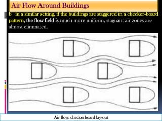 b in a similar setting, if the buildings are staggered in a checker-board
pattern, the flow field is much more uniform, stagnant air zones are
almost eliminated.
Air Flow Around Buildings
Air flow: checkerboard lay-out
 