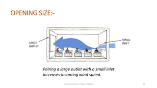 OPENING SIZE:-
Pairing a large outlet with a small inlet
increases incoming wind speed.
SMALL
INLETLARGE
OUTLET
Presentation By- Ar. Roopa Chikkalgi 13
 