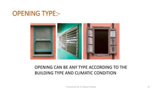 OPENING TYPE:-
OPENING CAN BE ANY TYPE ACCORDING TO THE
BUILDING TYPE AND CLIMATIC CONDITION
Presentation By- Ar. Roopa Chikkalgi 14
 