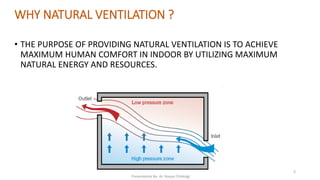 • THE PURPOSE OF PROVIDING NATURAL VENTILATION IS TO ACHIEVE
MAXIMUM HUMAN COMFORT IN INDOOR BY UTILIZING MAXIMUM
NATURAL ENERGY AND RESOURCES.
WHY NATURAL VENTILATION ?
Presentation By- Ar. Roopa Chikkalgi
3
 