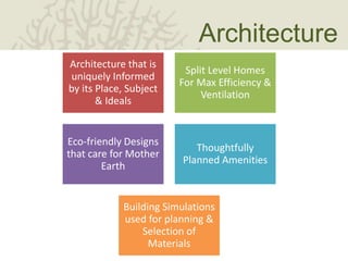 Architecture
Architecture that is
uniquely Informed
by its Place, Subject
& Ideals
Split Level Homes
For Max Efficiency &
Ventilation
Eco-friendly Designs
that care for Mother
Earth
Thoughtfully
Planned Amenities
Building Simulations
used for planning &
Selection of
Materials
 