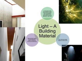 Light – A
Building
Material
Luminosity levels
are studied in each
villa and skylights
are created, this
eliminates artificial
lighting in day time
This reduces power
usage by about 20%
Natural light keeps
the atmosphere
bright, enhances
mood and well being
 