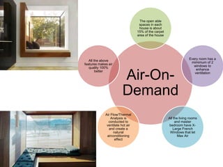 Air-On-
Demand
The open able
spaces in each
house is about
15% of the carpet
area of the house
Every room has a
mimimum of 2
windows to
enhance
ventilation
All the living rooms
and master
bedroom have X-
Large French
Windows that let
Max Air
Air Flow/Thermal
Analysis is
conducted to
ventilate hot air
and create a
natural
airconditioning
effect
All the above
features makes air
quality 100%
better
 