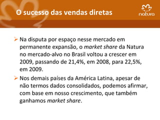 O sucesso das vendas diretas


 Na disputa por espaço nesse mercado em
  permanente expansão, o market share da Natura
  no mercado-alvo no Brasil voltou a crescer em
  2009, passando de 21,4%, em 2008, para 22,5%,
  em 2009.
 Nos demais países da América Latina, apesar de
  não termos dados consolidados, podemos afirmar,
  com base em nosso crescimento, que também
  ganhamos market share.
 