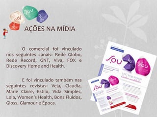 O comercial foi vinculado
nos seguintes canais: Rede Globo,
Rede Record, GNT, Viva, FOX e
Discovery Home and Health.
E foi vinculado também nas
seguintes revistas: Veja, Claudia,
Marie Claire, Estilo, Vida Simples,
Lola, Women’s Health, Bons Fluidos,
Gloss, Glamour e Época.
AÇÕES NA MÍDIA
 