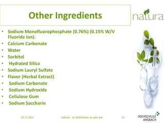 Other Ingredients 
• Sodium Monofluorophosphate (0.76%) (0.15% W/V 
Fluoride Ion). 
• Calcium Carbonate 
• Water 
• Sorbitol 
• Hydrated Silica 
• Sodium Lauryl Sulfate 
• Flavor (Herbal Extract) 
• Sodium Carbonate 
• Sodium Hydroxide 
• Cellulose Gum 
• Sodium Saccharin 
03.12.2014 natura - as distinctive as you are 10 
 