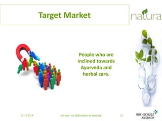Target Market 
People who are 
inclined towards 
Ayurveda and 
herbal care. 
03.12.2014 natura - as distinctive as you are 12 
 